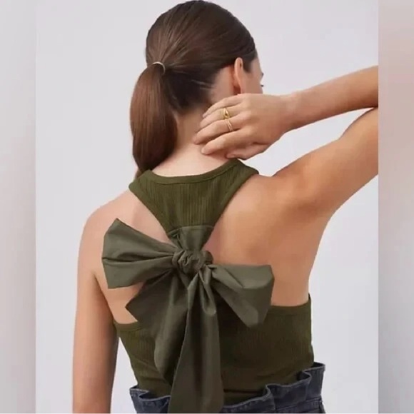 Ribbed Tank Anthropologie Sunday In Brooklyn Racer-back Bow Size S Olive - Picture 4 of 7